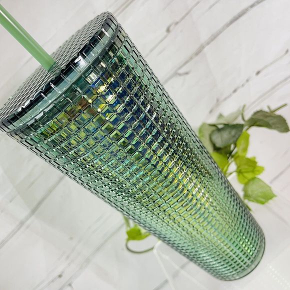 New Starbucks Venti Fall Rainforest Green 24oz Studded Grid Cold Cup Tumbler - Picture 3 of 4